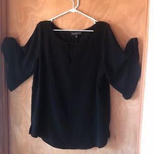 Eloquii black flounce sleeve blouse, features keyhole size 14